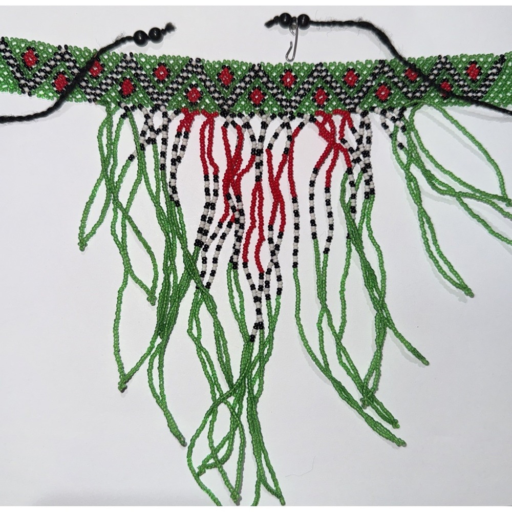Vintage Beaded Choker Necklace Green Black Red Bead Design Fringe‎ Hoop Closure